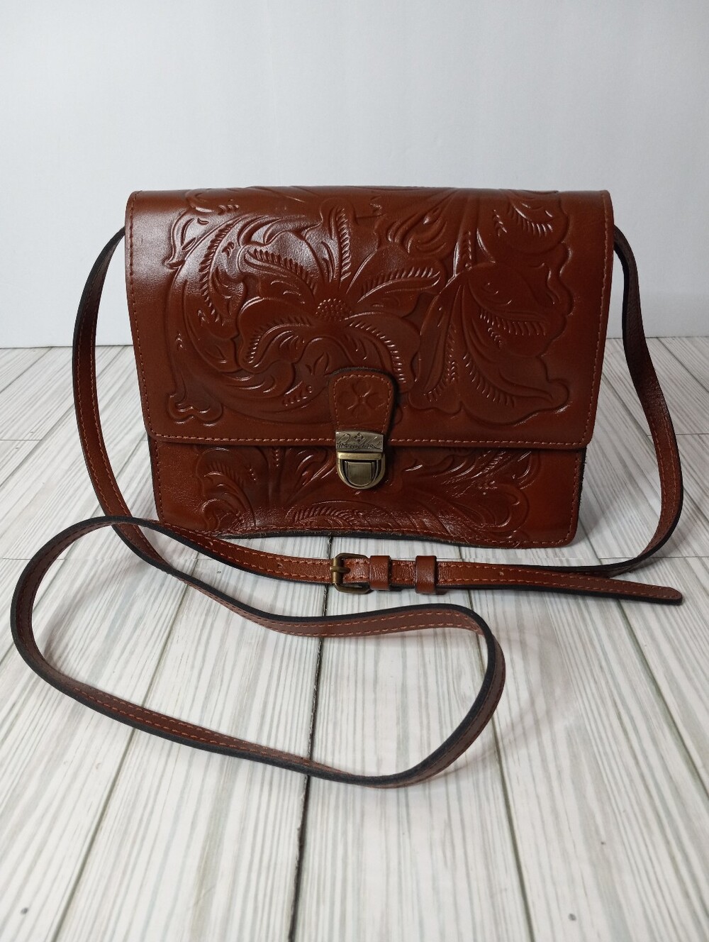 Patricia Nash Florence Brown Leather Tooled Crossbody Purse